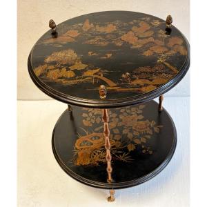 1950s/1970s Maison Baguès Side Table, Bamboo Design, Gilded Bronze With Chinese Lacquer Trays, ø 49 Cm