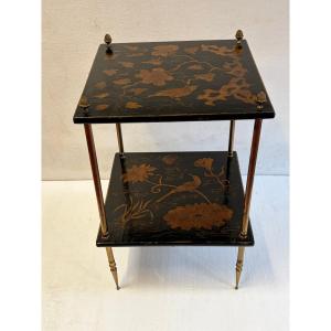 1950s–1970s Maison Baguès Side Table, Bamboo Design, Gilded Bronze, Chinese Lacquer Tops, 42 X 42 X H 66