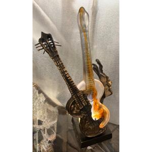 1970/80 Lampe Guitare En Bronze Et Pate De Verre , Sculpture Signée LOHE