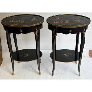 1970s: Pair Of Signed Maison Hirch Nightstands, Black Lacquered With Gold Chinese Decorations, 2nd Series