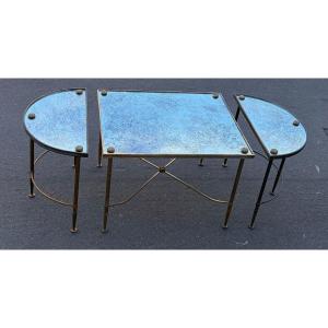 1970′ Table Tripartite Bronze, Plateaux en Miroir Oxydé Vieilli Style Maison Baguès