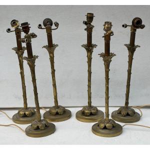 1970s Set Of 6 Bronze Lamps By Maison Bagués Decor, Palm Tree Design, H 65, ø 18 Cm