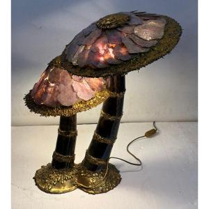 1970′ Lampe Champignon Laiton Maison Jansen 2 Têtes Style Brutaliste ,Duval Brasseur Ou I.Faure