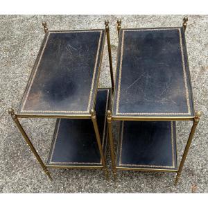 1970s Pair Of Two-tier End Tables By Maison Baguès With Vintage Leather Tops, 64 X 36 X 62 Cm (h)