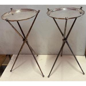1950s Pair Of Silver-plated Bronze Tripod Travel Side Tables By Maison Jansen, ø 26 Cm, H 55 Cm
