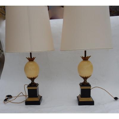 1950/70 Pair Of Lamps In Black Marble And Ostrich Egg Maison Jansen