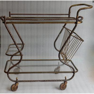 1950′ Bar Roulant En Bronze Et Laiton Doré Maison Baguès Décor Art Nouveau