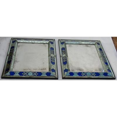 1970/80 Paire De Miroirs Venise Style Louis 14 Avec Ornements En Verre Bleu 96 X 77 Cm