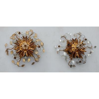 1970′ Paire De 2 Plafonniers à Décor De Fleurs Et Feuilles En Métal Feuilles En Verre 