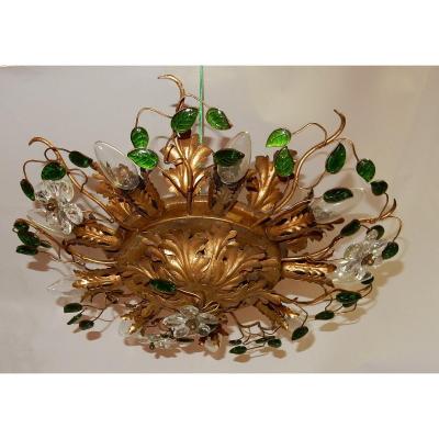 1970 ′ Ceiling Light Decor Of Flowers And Leaves In Golden Metal Dlg Maison Baguès Glass Leaves