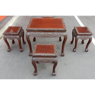 1920/1950 China Mahjong Games Table And Its 4 Rosewood Seats