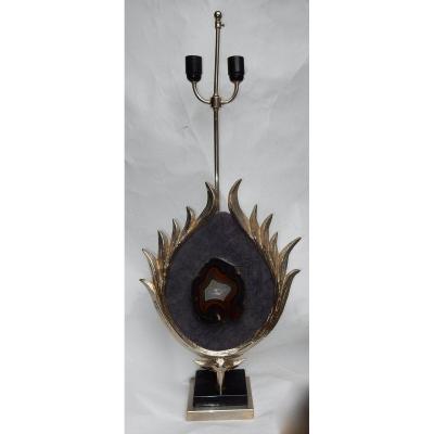 1970′ Lampe Décor Lotus, Bronze Argenté, Galuchat, Agate, Duval Brasseur Non Signée 