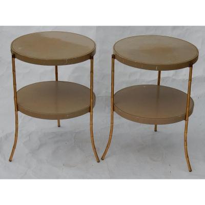 1970/80 ′ Pair Of Tripod Pedestals Bamboo Decor, Lacquered Trays Style Maison Jansen D: 43 Cm