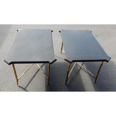1950/70 'pair Of Bronze Sofa Ends Bamboo Model, Chinese Lacquer Tray Maison Jansen