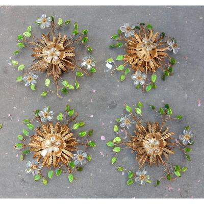 1970 'series Of 2 Wall Lights Decorated With Flowers And Leaves In Golden Metal And Green Glass