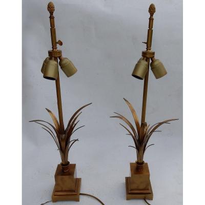 1950/70 Pair Of Lamps With Reeds In Brass And Gilt Bronze Signed Charles