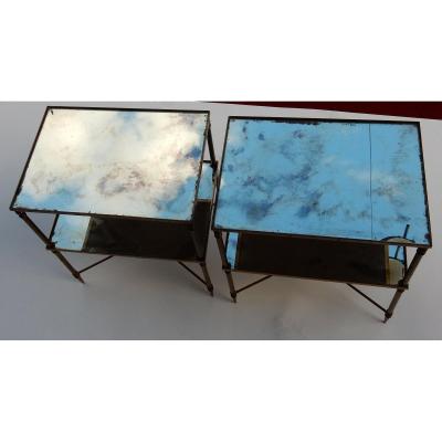 1950/70 ′ Pair Of Bronze Sofa Ends, 2 Oxidized Mirror Trays, Maison Baguès Style