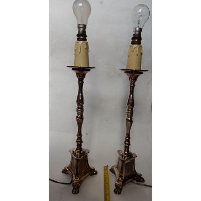 1900/1920 'pair Of Tripod Candlesticks In Silver Bronze Signed A.mourier H 50 X 14x 14 Cm