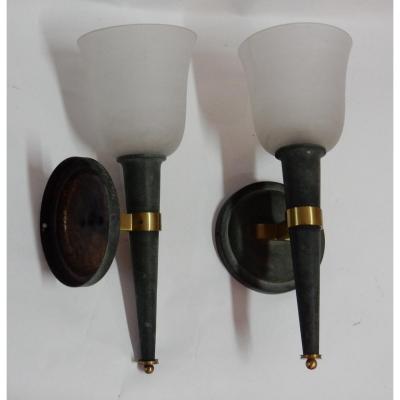 1940 ′ Pair Of Art Deco Sconces By Perzel Signed