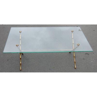 1950/70 Gilt Bronze Coffee Table Maison Baguès Bamboo Model Screwed Glass Top 106x67 Cm