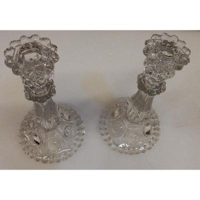 1950 ′ Pair Of Baccarat Beaded Bases Candlesticks