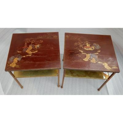 1950/70 ′ Pair Ends Of Sofas Dlg Maison Ramsay In Golden Iron Trays Red Chinese Lacquer