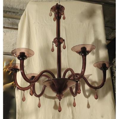 1970 'murano Chandelier Purple Color 6 Arms Of Lights Height 90 Cm, Diameter 80 Cm