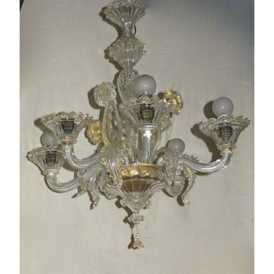 1900/20′ Lustre Cristal Murano Feuilles D’or 6 Branches