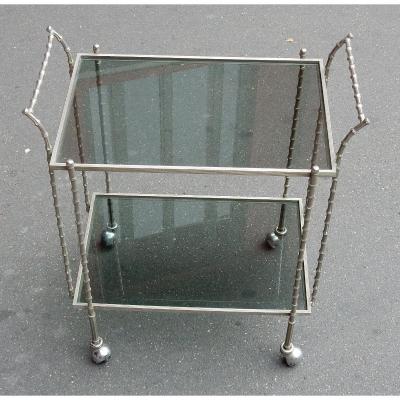 1970 ′ Rolling Bar In Silver Or Nickel Plated Brass Or Cast Iron Bamboo Model Maison Baguès Style