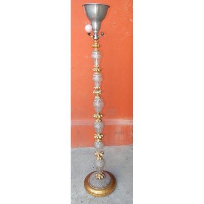 1950 ′ Golden Wood And Crystal Floor Lamp