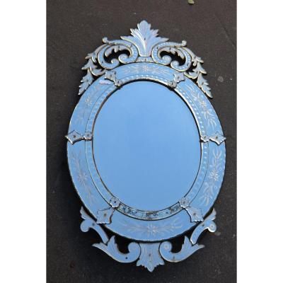 1880' Miroir Venise Ovale Avec Fronton