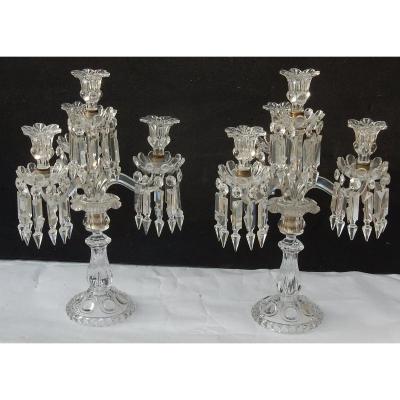 1950 ′ Pair Of Candlesticks 3 Branches Sockets Beaded And Signed In Relief Baccarat