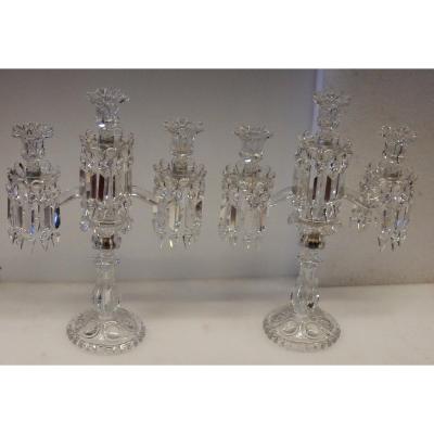 Pair Of Baccarat Candlesticks With 2 Branches Beaded Sockets