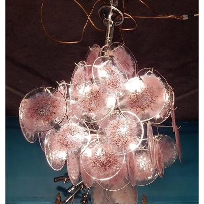 1950/70 'vistosi Chandelier 36 Opalescent Crystals Violet Shade