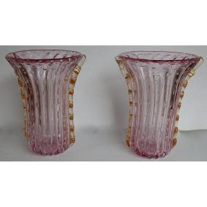 1970′ Paire De Vases Ou Similaires Cristal Murano Rose Et Or Signés Toso H 34 Cm
