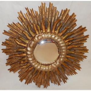 1950′ Miroir Soleil Convexe 2 Étages Bois Doré Et Argenté 63 Cm De Diamètre