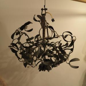 1900′ Lustre Boule De Gui En Bronze Art Nouveau à 4 Lampes Diamètre 42 Cm