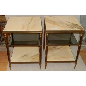 1950/70 ′ Pair Of Brass Ends Of Sofa On 3 Levels Maison Jansen Onyx Trays