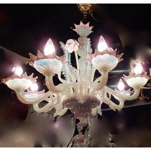 1970 ′ Murano Chandelier With 8 Arms Of Light In Opalescent Blue Glass And Pink Glass Paste