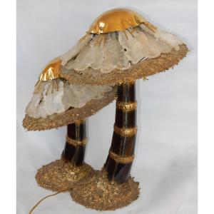 1970′lamp With 2 Illuminating Mushrooms In Brass With Gypsum Imitating Rock Crystal