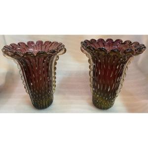 1970 ′ Pair Of Vases Or Similar Murano Crystal Violine And Gold Signed Toso H 39 Cm