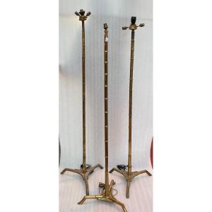 1970 ′ Pair Of Gilt Bronze Floor Lamps Maison Baguès Bamboo Model H 156+ 1 In 149 Cm