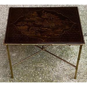 1950′ Table Maison Baguès/Jansen Décor Bambou En Bronze Doré Avec Plateau Laque De Chine 