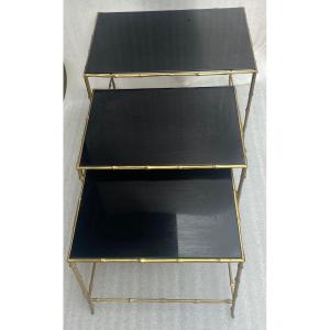 1970′ Tables Gigognes Maison Baguès, 3 Plateaux Miroir Noir Et Montants Décor Bambou 61x40xh45