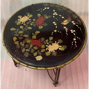 1950/70′ Round Bronze Coffee Table Palm Tree Decor, Black Chinese Lacquer Tray Dlg Maison Baguès