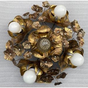 1970′ Ceiling Light With Foliage Maison Jansen In Brass Ø 90 Cm 5 Bulbs