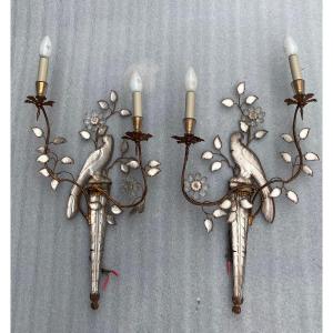 1950/70′ Pair Of Sconces With The Parrot Placed On A Sheath, Maison Baguès H 63 Cm