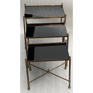 1970′ Series Of 3 Maison Baguès Nesting Tables In Gilt Bronze, 3 Blackened Glass Trays 38x50x47