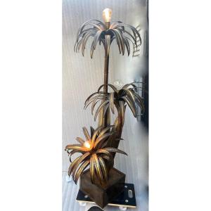 1970′ Palm Tree Floor Lamp, In Brass By Barbier, Maison Jansen 3 Heads Brutalist Style H: 170