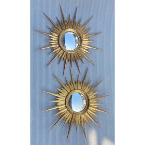 1950′ Pair Of Convex Sun Mirrors, Golden Wood 67 Cm